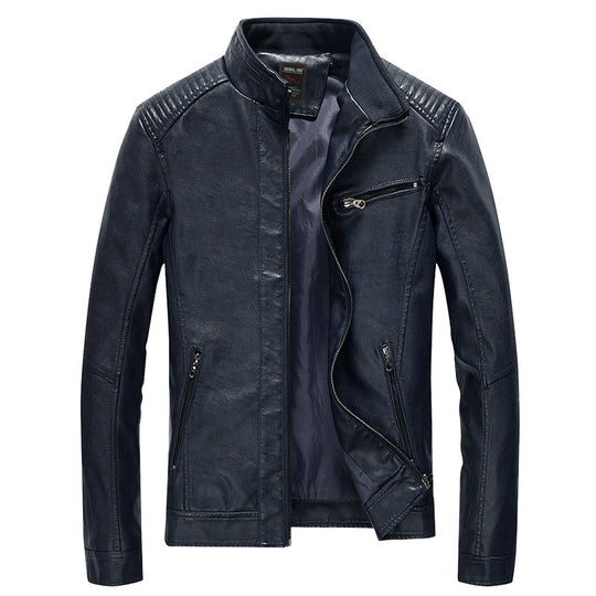 Herren Slim-Fit Kunstleder-Motojacke mit Stehkragen, gesteppter Schulterpasse und Reißverschlusstaschen Nord Taschen