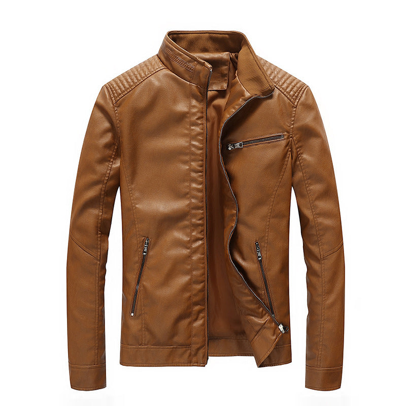 Herren Slim-Fit Kunstleder-Motojacke mit Stehkragen, gesteppter Schulterpasse und Reißverschlusstaschen Nord Taschen