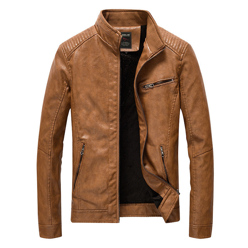 Herren Slim-Fit Kunstleder-Motojacke mit Stehkragen, gesteppter Schulterpasse und Reißverschlusstaschen Nord Taschen