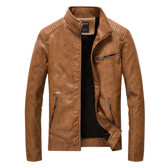 Herren Slim-Fit Kunstleder-Motojacke mit Stehkragen, gesteppter Schulterpasse und Reißverschlusstaschen Nord Taschen