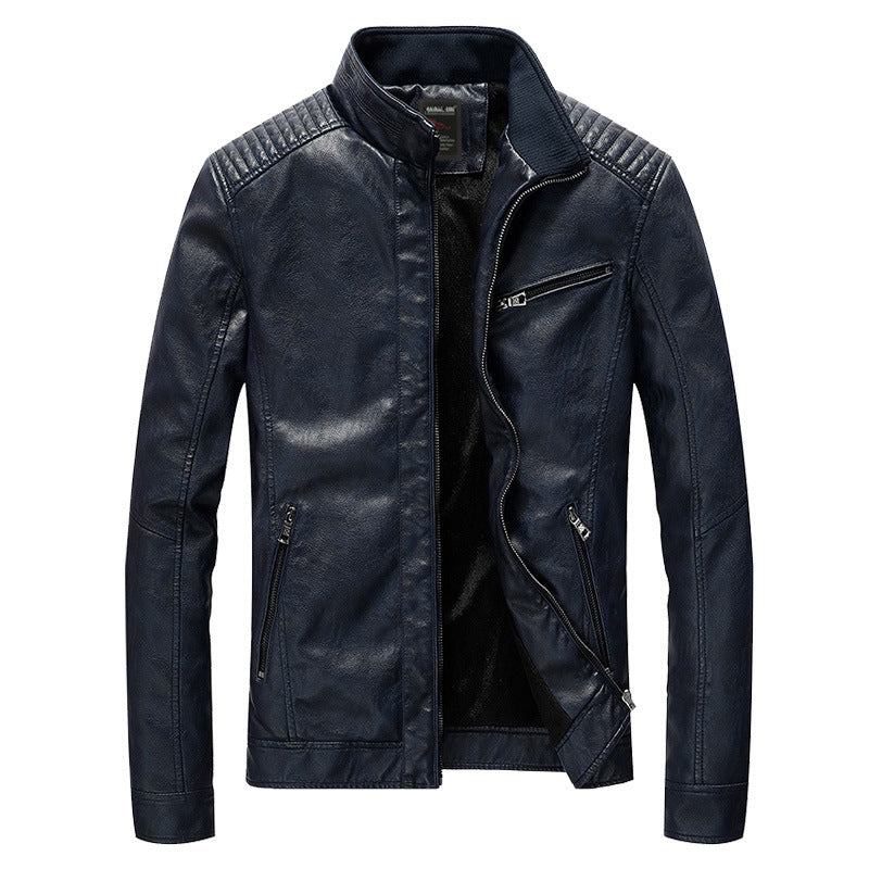 Herren Slim-Fit Kunstleder-Motojacke mit Stehkragen, gesteppter Schulterpasse und Reißverschlusstaschen Nord Taschen
