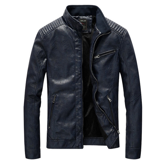 Herren Slim-Fit Kunstleder-Motojacke mit Stehkragen, gesteppter Schulterpasse und Reißverschlusstaschen Nord Taschen