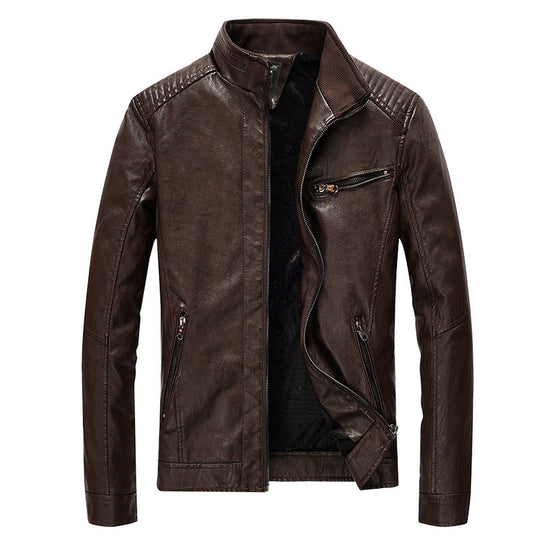 Herren Slim-Fit Kunstleder-Motojacke mit Stehkragen, gesteppter Schulterpasse und Reißverschlusstaschen Nord Taschen