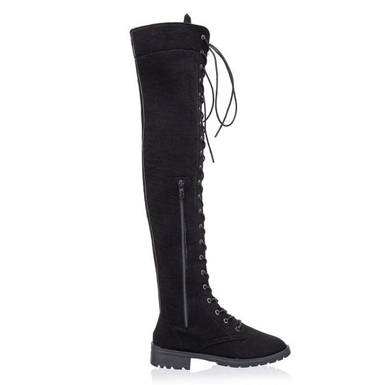 Damen Overkneestiefel aus weichem Wildleder mit dekorativem Schnür-Design
