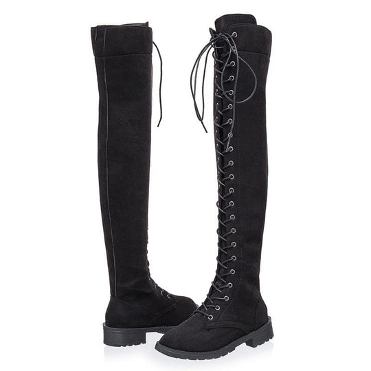 Damen Overkneestiefel aus weichem Wildleder mit dekorativem Schnür-Design