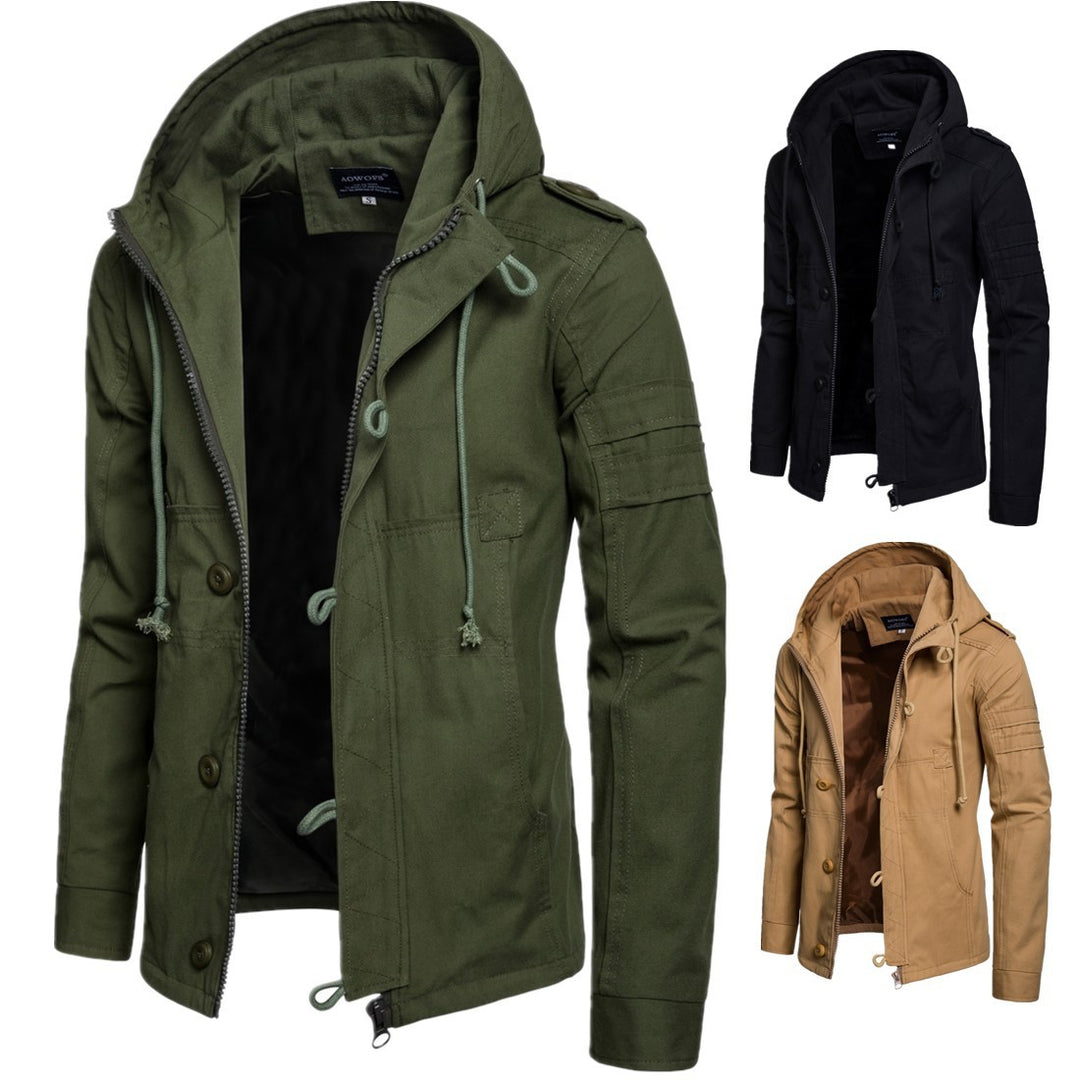 Herren Militärisch inspirierte Kapuzenjacke aus Canvas mit Tunnelzug Mehrfachtaschen und Epauletten Nord Taschen