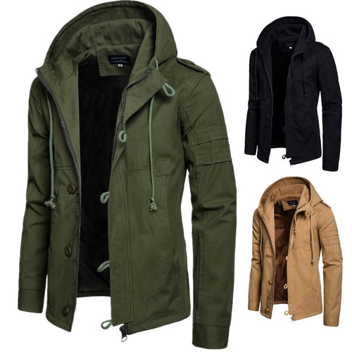 Herren Militärisch inspirierte Kapuzenjacke aus Canvas mit Tunnelzug Mehrfachtaschen und Epauletten Nord Taschen