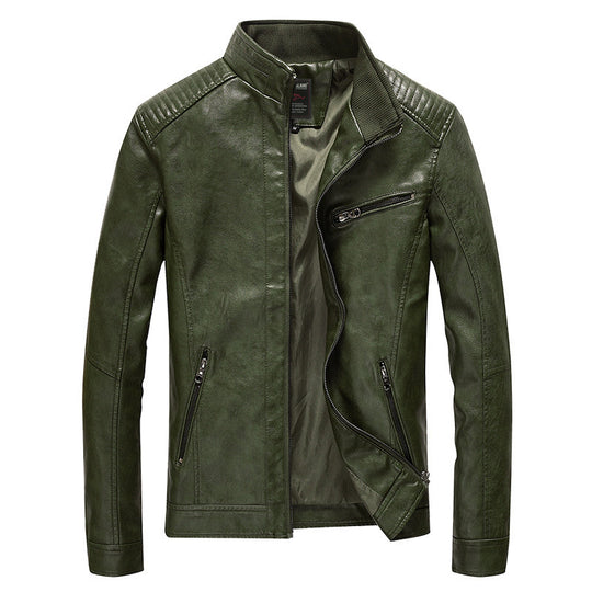 Herren Slim-Fit Kunstleder-Motojacke mit Stehkragen, gesteppter Schulterpasse und Reißverschlusstaschen Nord Taschen