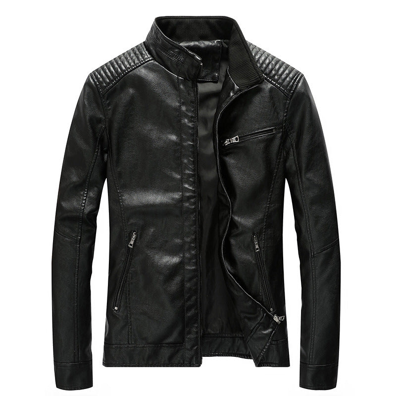 Herren Slim-Fit Kunstleder-Motojacke mit Stehkragen, gesteppter Schulterpasse und Reißverschlusstaschen Nord Taschen