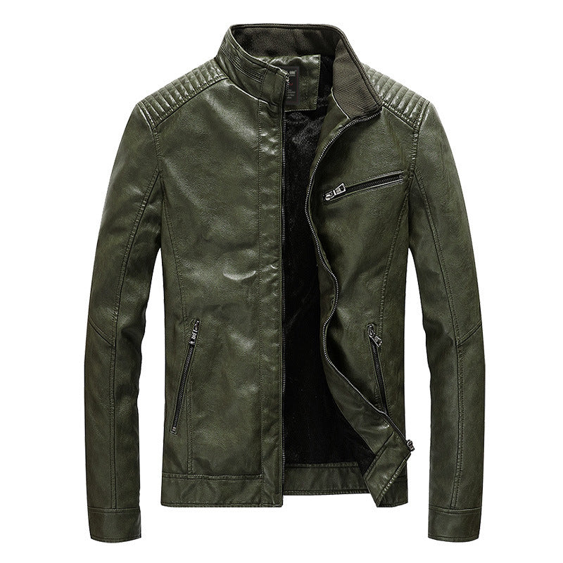 Herren Slim-Fit Kunstleder-Motojacke mit Stehkragen, gesteppter Schulterpasse und Reißverschlusstaschen Nord Taschen