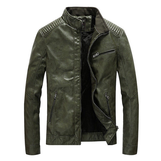 Herren Slim-Fit Kunstleder-Motojacke mit Stehkragen, gesteppter Schulterpasse und Reißverschlusstaschen Nord Taschen