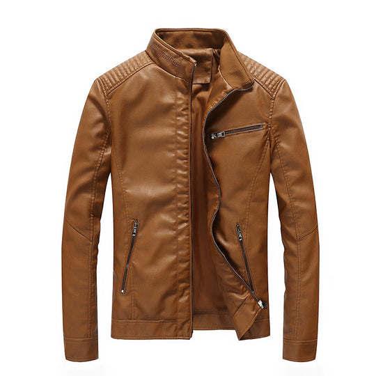 Herren Slim-Fit Kunstleder-Motojacke mit Stehkragen, gesteppter Schulterpasse und Reißverschlusstaschen Nord Taschen