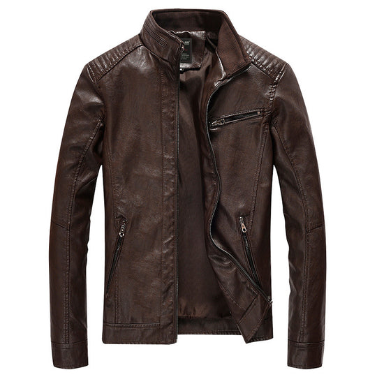 Herren Slim-Fit Kunstleder-Motojacke mit Stehkragen, gesteppter Schulterpasse und Reißverschlusstaschen Nord Taschen