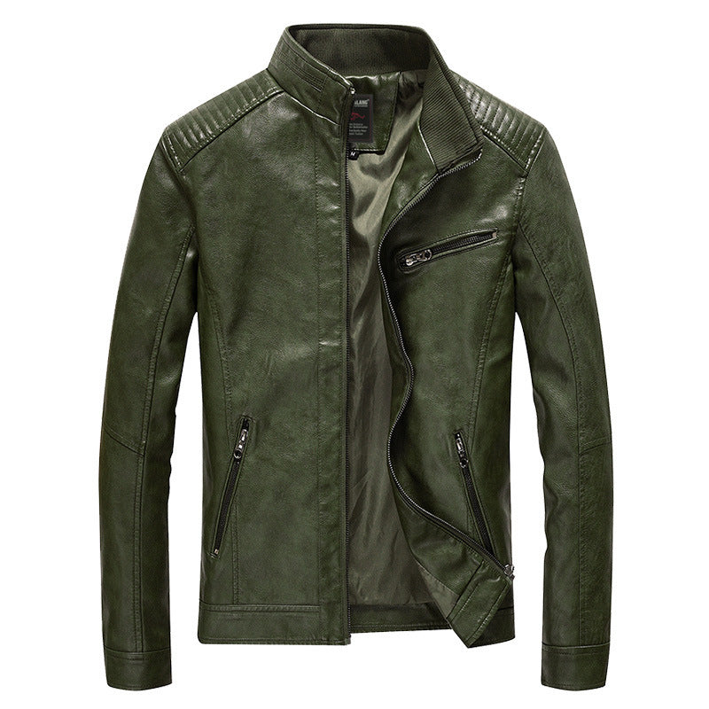 Herren Slim-Fit Kunstleder-Motojacke mit Stehkragen, gesteppter Schulterpasse und Reißverschlusstaschen Nord Taschen
