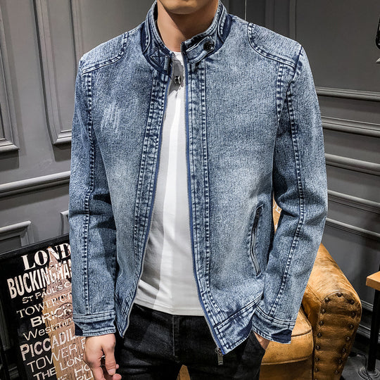 Herren vintagegewaschener Denimblouson mit Stehkragen und verdecktem Reißverschluss Nord Taschen