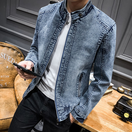 Herren vintagegewaschener Denimblouson mit Stehkragen und verdecktem Reißverschluss Nord Taschen
