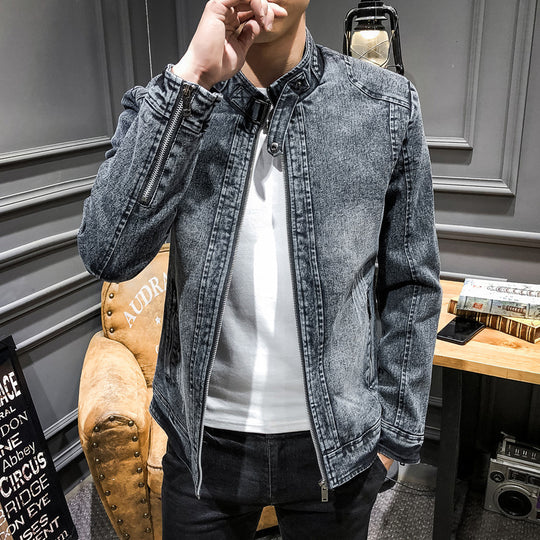Herren vintagegewaschener Denimblouson mit Stehkragen und verdecktem Reißverschluss Nord Taschen
