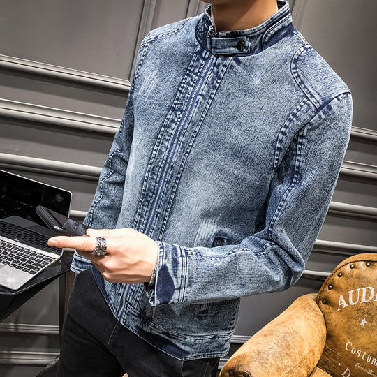 Herren vintagegewaschener Denimblouson mit Stehkragen und verdecktem Reißverschluss Nord Taschen