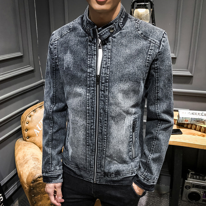 Herren vintagegewaschener Denimblouson mit Stehkragen und verdecktem Reißverschluss Nord Taschen