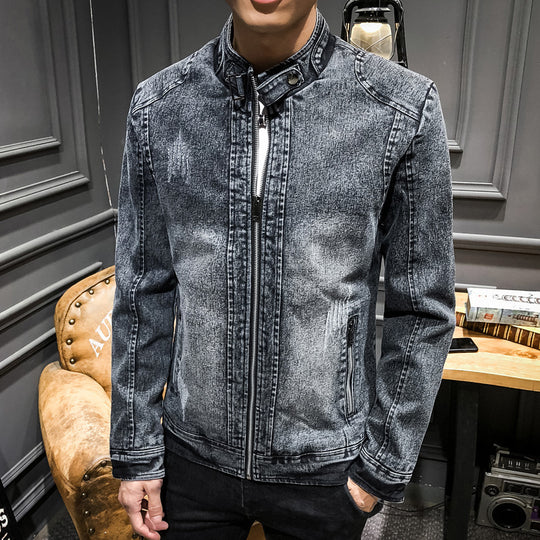 Herren vintagegewaschener Denimblouson mit Stehkragen und verdecktem Reißverschluss Nord Taschen