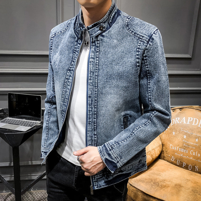 Herren vintagegewaschener Denimblouson mit Stehkragen und verdecktem Reißverschluss Nord Taschen