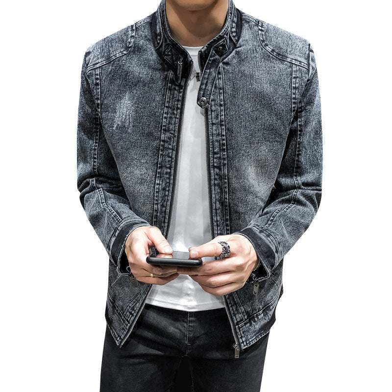 Herren vintagegewaschener Denimblouson mit Stehkragen und verdecktem Reißverschluss Nord Taschen