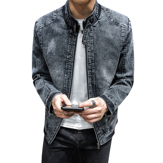 Herren vintagegewaschener Denimblouson mit Stehkragen und verdecktem Reißverschluss Nord Taschen