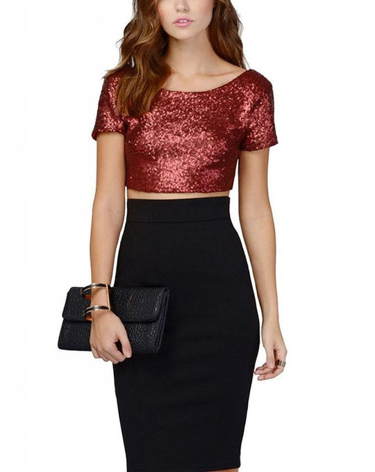 Damen Glamouröses Crop-Top mit Pailletten und leichter A-Linie Rock