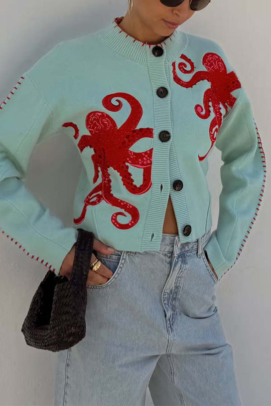 Strandstrick-Cardigan mit nautischem Oktopus-Design