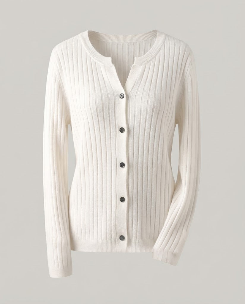 Damen Gestrickter Rippen-Cardigan mit dezentem V-Ausschnitt und Knopfleiste Nord Taschen