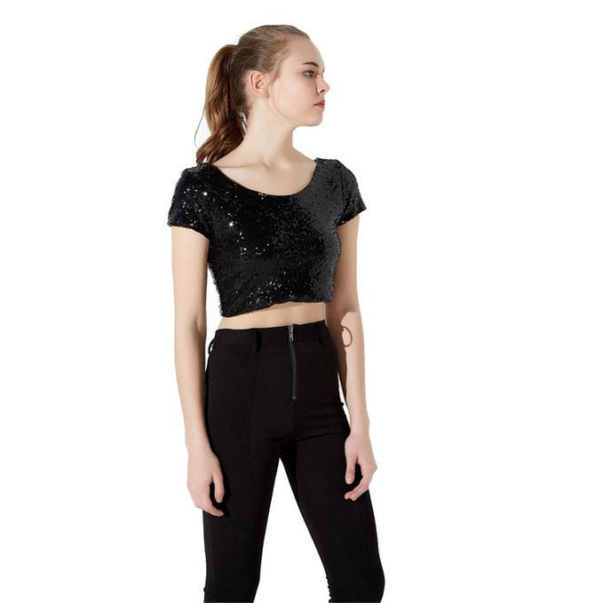 Damen Glamouröses Crop-Top mit Pailletten und leichter A-Linie Rock
