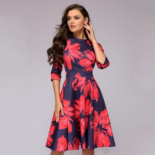 Damen A-Linien Midikleid mit 3/4-Ärmeln, taillierter Silhouette und floralem Print Nord Taschen