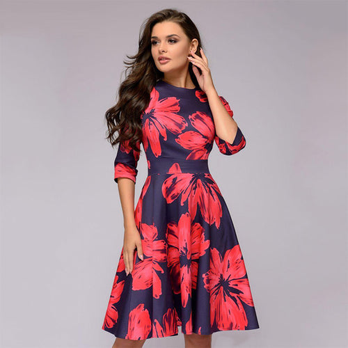 Damen A-Linien Midikleid mit 3/4-Ärmeln, taillierter Silhouette und floralem Print Nord Taschen