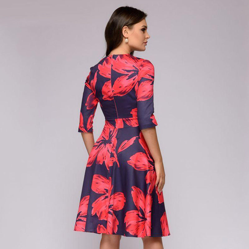 Damen A-Linien Midikleid mit 3/4-Ärmeln, taillierter Silhouette und floralem Print Nord Taschen