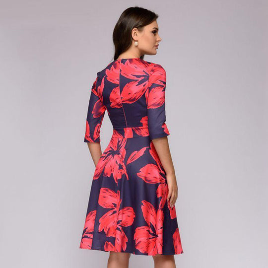Damen A-Linien Midikleid mit 3/4-Ärmeln, taillierter Silhouette und floralem Print Nord Taschen