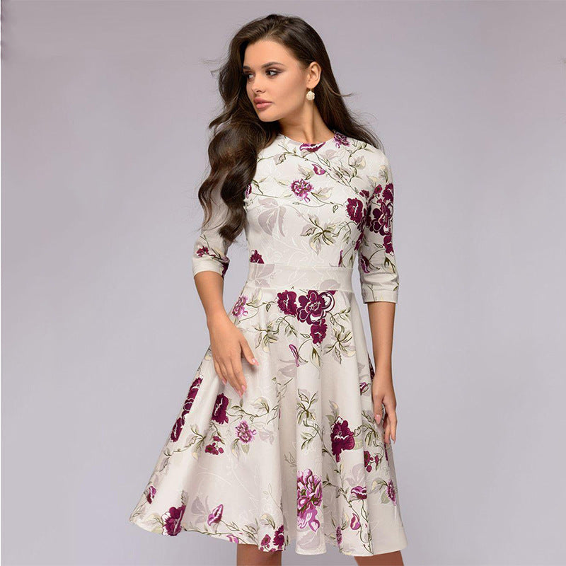 Damen A-Linien Midikleid mit 3/4-Ärmeln, taillierter Silhouette und floralem Print Nord Taschen