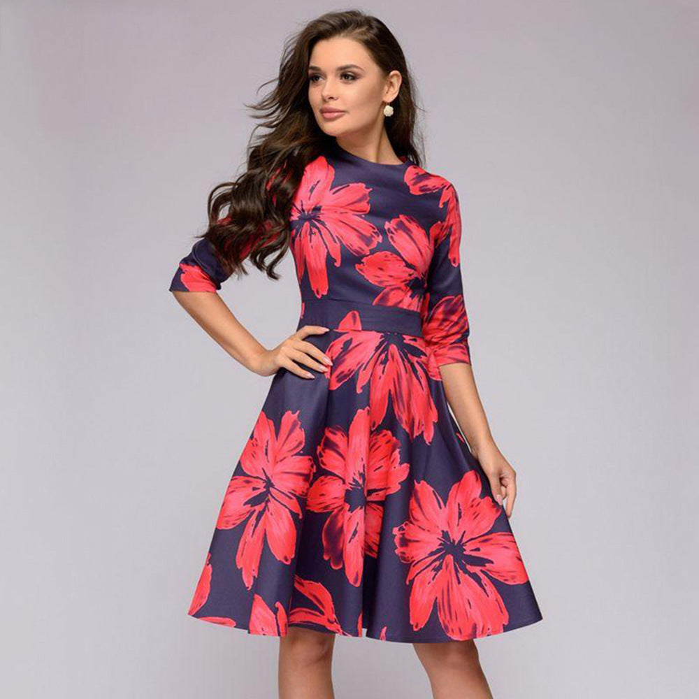 Damen A-Linien Midikleid mit 3/4-Ärmeln, taillierter Silhouette und floralem Print Nord Taschen