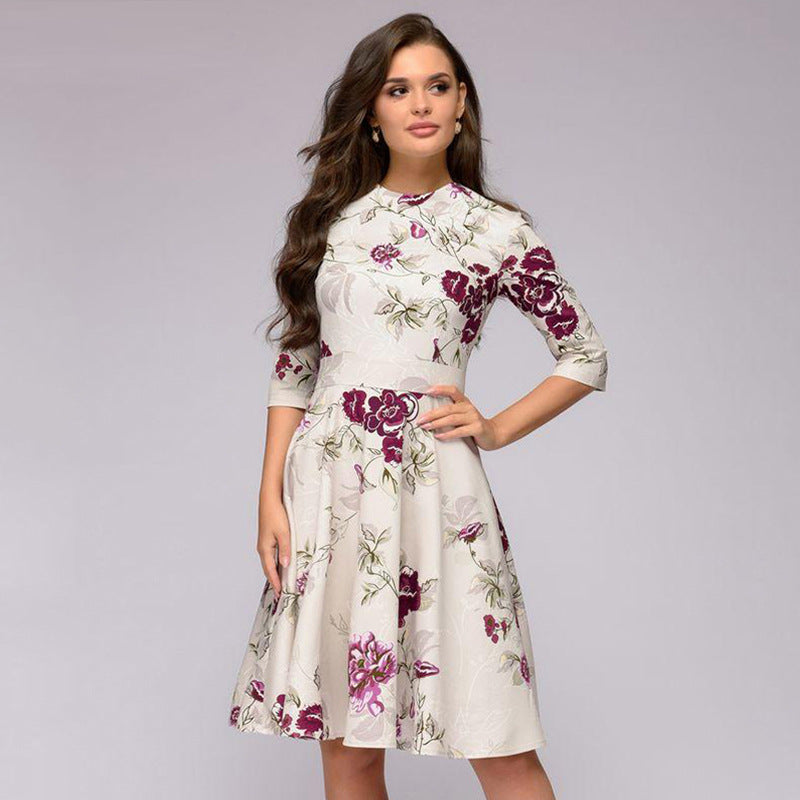 Damen A-Linien Midikleid mit 3/4-Ärmeln, taillierter Silhouette und floralem Print Nord Taschen