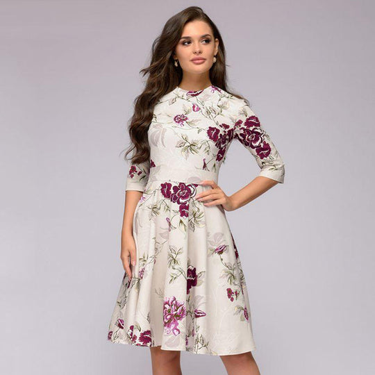 Damen A-Linien Midikleid mit 3/4-Ärmeln, taillierter Silhouette und floralem Print Nord Taschen