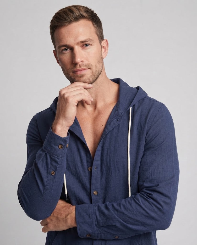 Herren Leichtgewicht Kapuzenhemd-Jacke im Leinen-Look mit Knopfleiste und Kängurutasche Nord Taschen