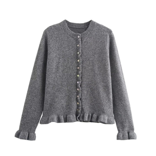 Rüschen Frauen Cardigan mit Knöpfen, Schickes Schichted Oberteil