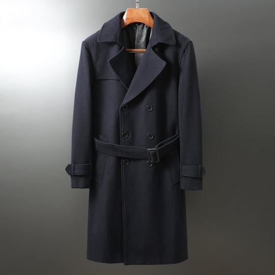 Herren Maxilanger Woll-Mantel im Trench-Look mit doppelreihiger Knopfleiste und Bindegürtel Nord Taschen