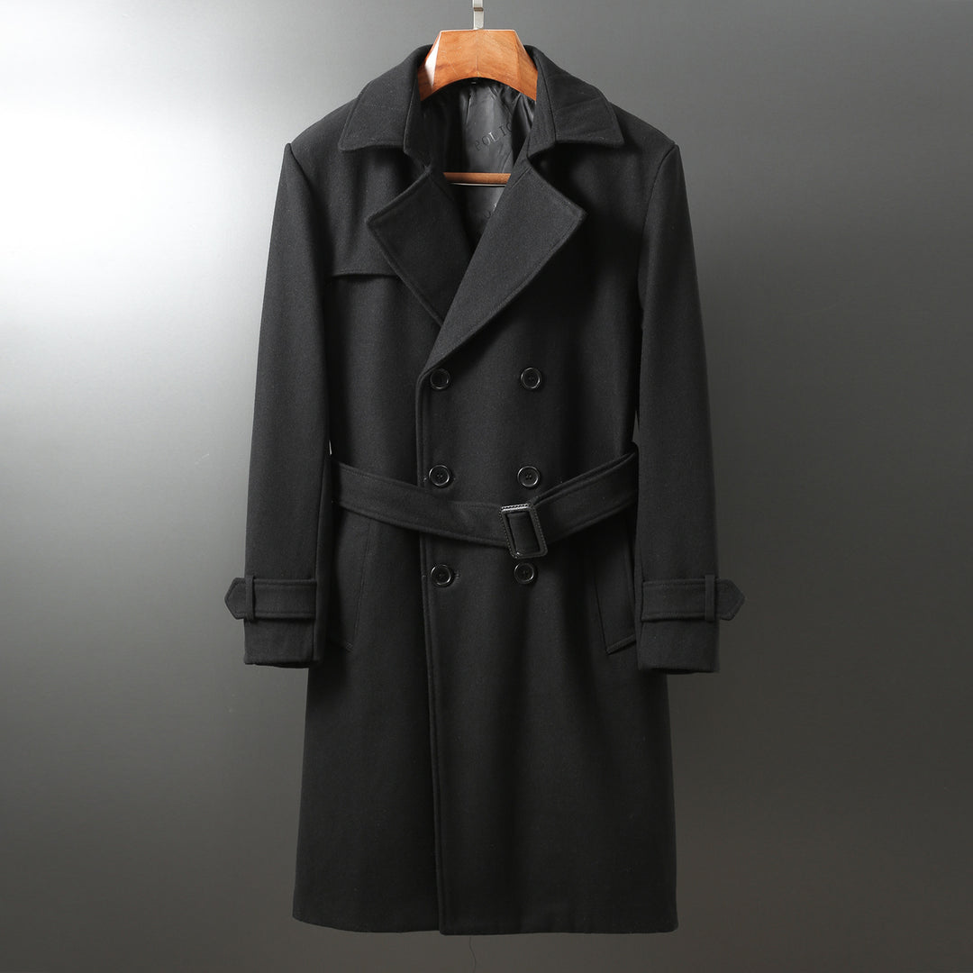 Herren Maxilanger Woll-Mantel im Trench-Look mit doppelreihiger Knopfleiste und Bindegürtel Nord Taschen