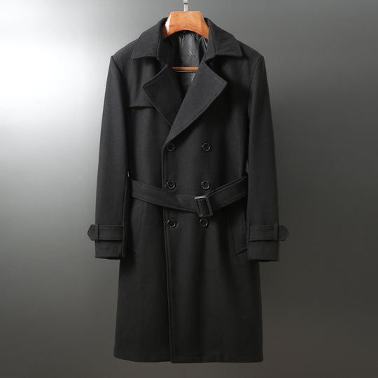 Herren Maxilanger Woll-Mantel im Trench-Look mit doppelreihiger Knopfleiste und Bindegürtel Nord Taschen