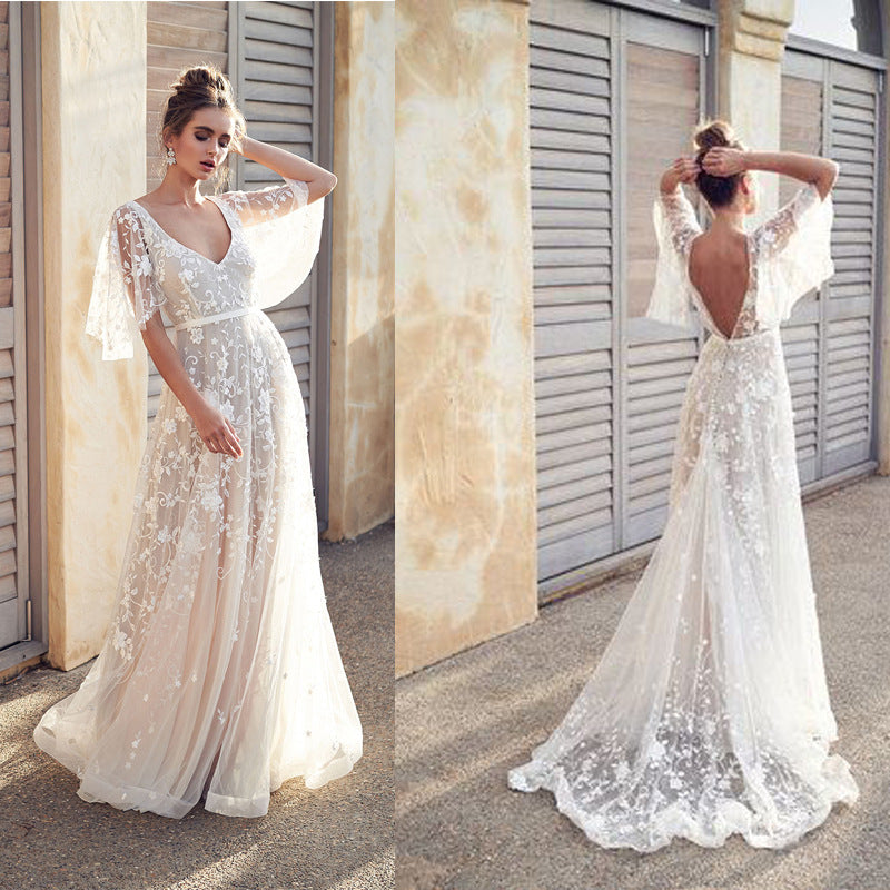 Damen Elegantes Maxikleid mit floralem Spitzenmuster und sanften Ärmeln