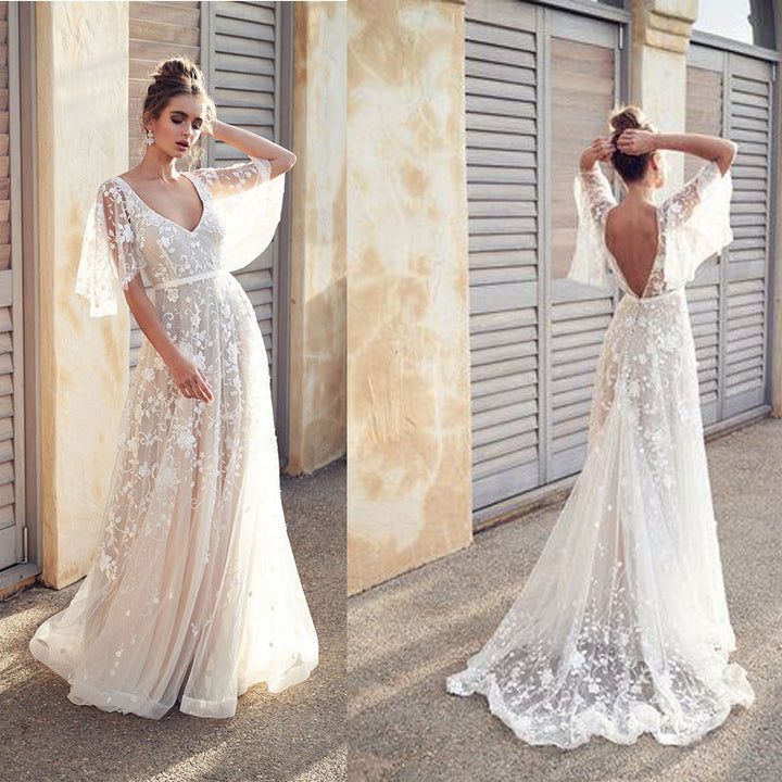 Damen Elegantes Maxikleid mit floralem Spitzenmuster und sanften Ärmeln