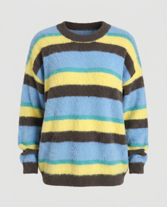 Damen Oversize Flauschiger Streifenpullover mit Rundhals und Mohair‑Look Nord Taschen