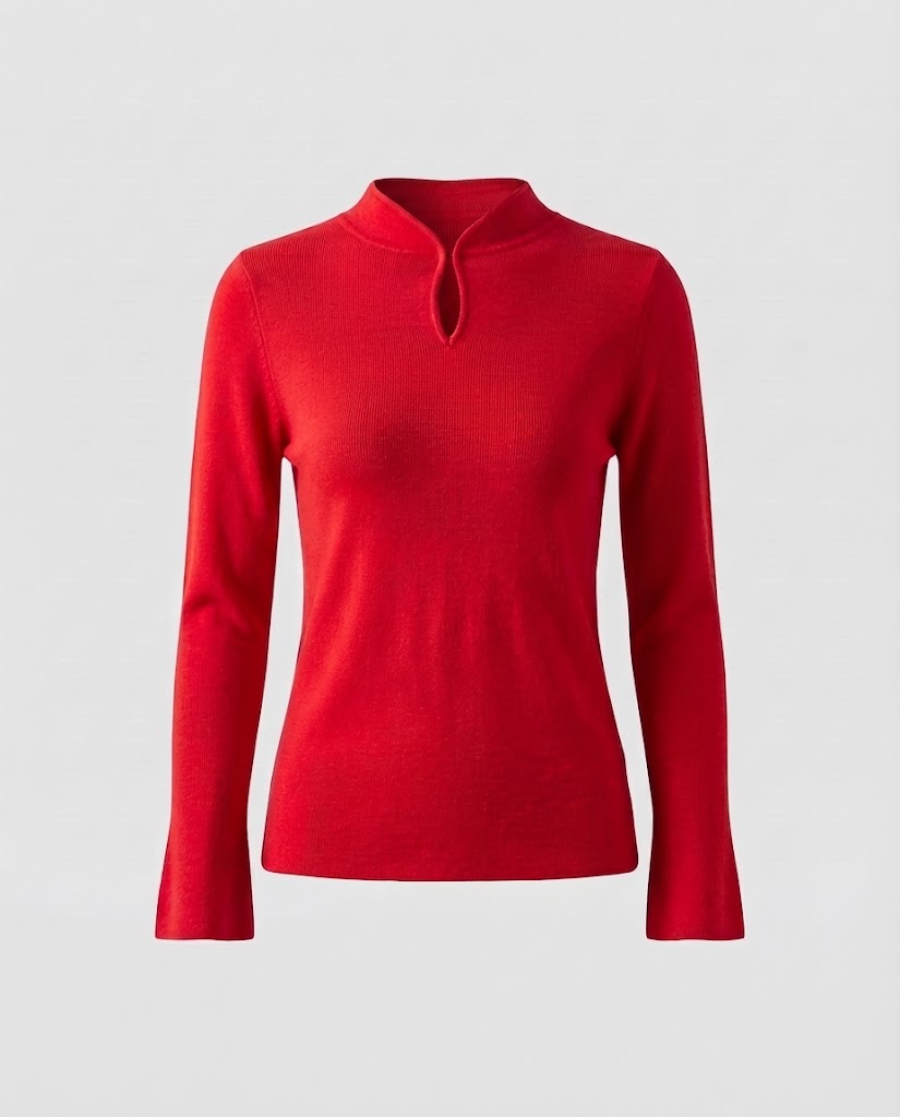 Damen Feinstrick-Longsleeve mit kurzem Stehkragen Schlitzknopf und ausgestelltem Ärmelsaum Nord Taschen