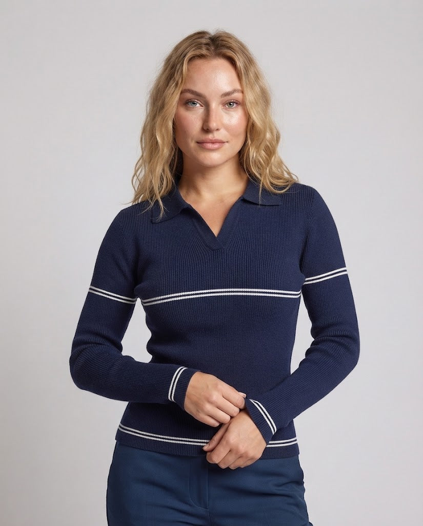 Damen Feinstrick-Polo mit Kontraststreifen und schmaler Rippstruktur Nord Taschen
