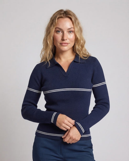 Damen Feinstrick-Polo mit Kontraststreifen und schmaler Rippstruktur Nord Taschen